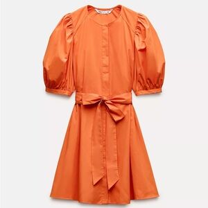 Zara Orange Puff Sleeve Dress Poplin Size Small